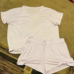 Light Pink Women's Lounge Short Set - Soft Pocket Tee & Drawstring Shorts